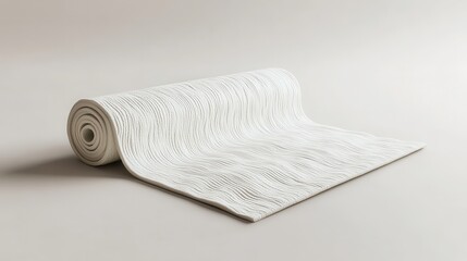 Fototapeta premium A sleek, light-colored yoga mat, its surface textured with subtle ripples and embossed patterns, lay gracefully rolled on a minimalist neutral background, ready to embrace the practice of mindfulness