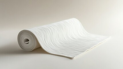 A sleek, light-colored yoga mat, its surface textured with subtle ripples and embossed patterns, lay gracefully rolled on a minimalist neutral background, ready to embrace the practice of mindfulness