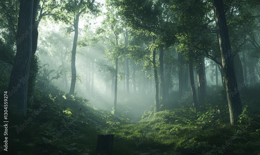 Poster dense fog rolling through a mystical forest, soft light filtering through tall trees, creating a moo
