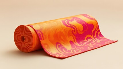 A rolled yoga mat, its vibrant design and textured surface begging to be touched, rests on a minimalist beige background, inviting viewers to envision themselves unwinding amidst tranquility and