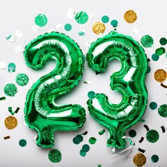 Green balloon number 23 for twenty-third birthday or anniversary party. White background with confetti
