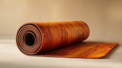 A rolled yoga mat, its vibrant design and textured surface begging to be touched, rests on a minimalist beige background, inviting viewers to envision themselves unwinding amidst tranquility and
