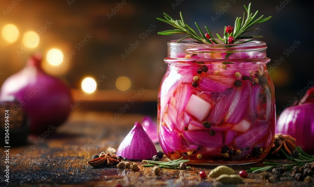 Poster close-up of a jar of vibrant pickled onions with sprigs of herbs and spices surrounded by a rustic w