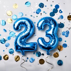 Blue balloon number 23 for twenty-third birthday or anniversary party. White background with confetti