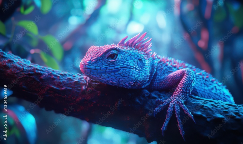 Poster close-up of a lizard resting on a textured branch illuminated by vibrant blue and green light showca