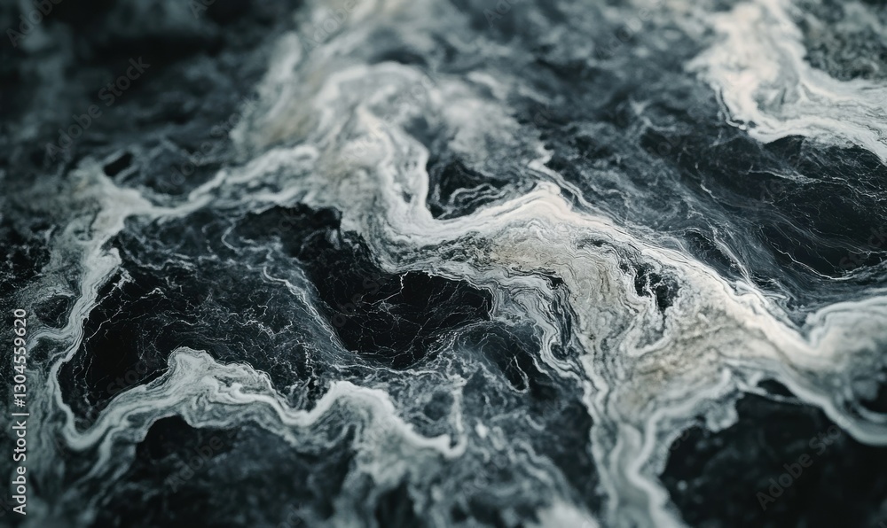 Poster close-up of a luxurious marble surface with swirls of white and gray veining illuminated by soft dif