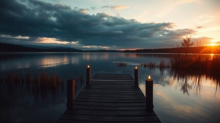 Panorama d'un magnifique lever de soleil sur un lac avec ponton