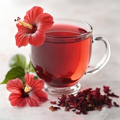 Refreshing hibiscus tea in glass cup adorned with vibrant red hibiscus flowers and dried petals