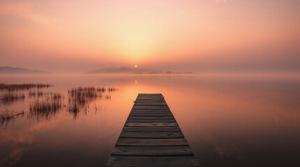 Panorama d'un magnifique lever de soleil sur un lac avec ponton
