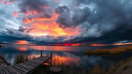 Panorama d'un magnifique lever de soleil sur un lac avec ponton
