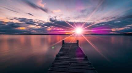 Panorama d'un magnifique lever de soleil sur un lac avec ponton