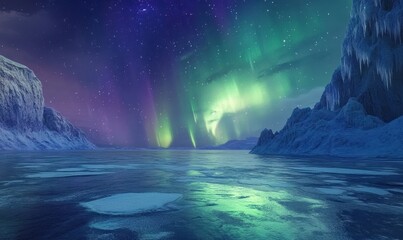 Fototapeta premium Dramatic aurora borealis illuminating a frozen lake, with vivid green and purple hues dancing across a starry winter sky .