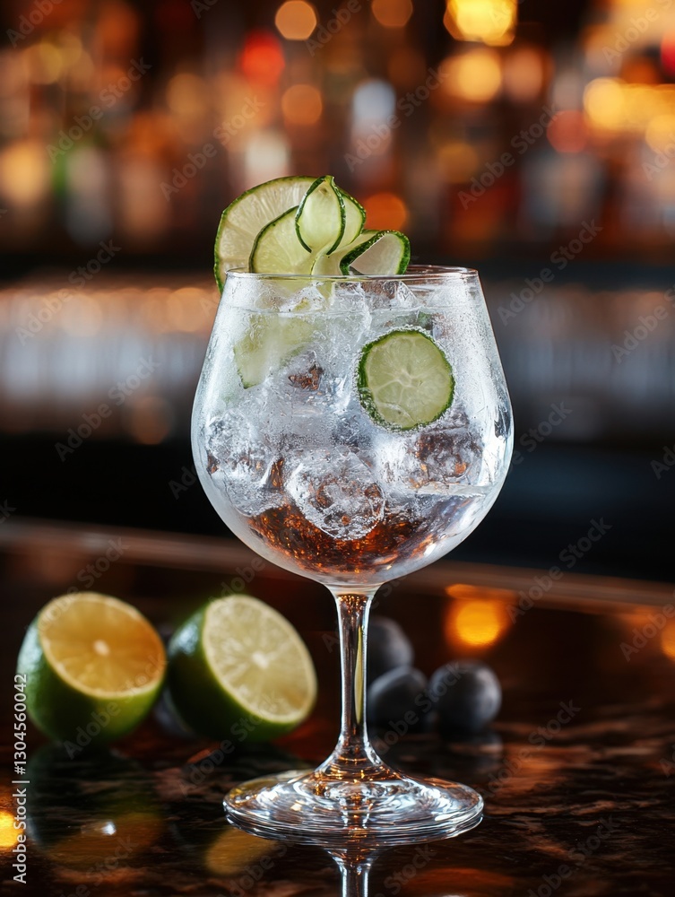Poster refreshing gin tonic cocktail with cucumber and lime on a bar counter with ice and bokeh lights in b