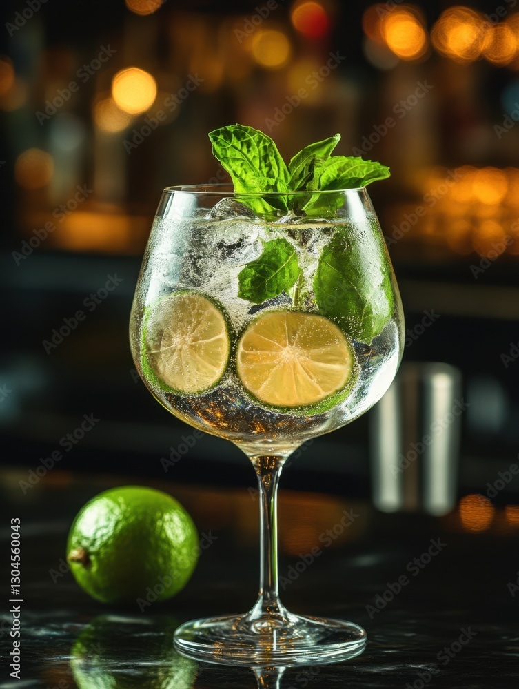 Poster refreshing gin tonic with lime and mint in a glass on a bar table with blurred background and soft l