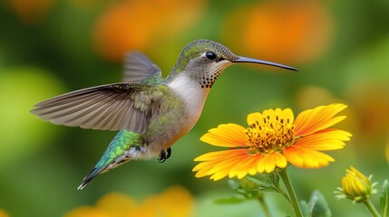 Fototapeta premium Hummingbird hovering near orange flower, garden bokeh background, nature photography