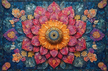 Vibrant Floral Design with Golden Eye and Pink Purple Petals on Deep Blue