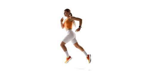 Female athlete sprinting forward, demonstrating fitness, agility, and strength against white studio background. Concept of athletics, sport, endurance, fitness, healthy lifestyle. Ad. Copy space