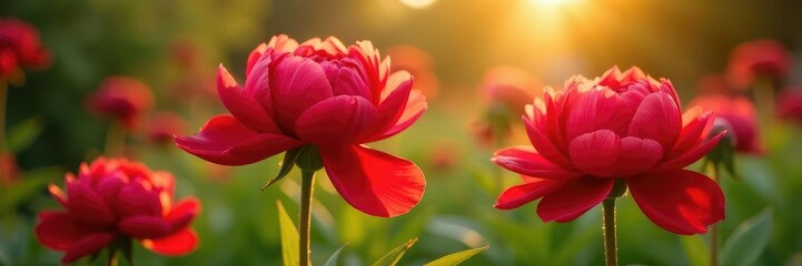 Fototapeta premium Red peonies unfurl their lush petals in the sun, peonies, garden decor