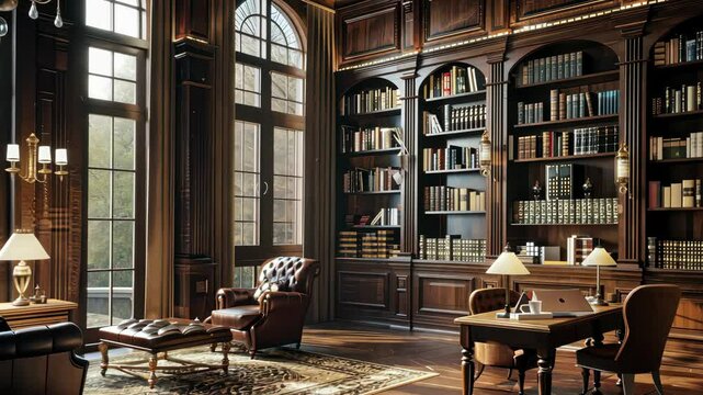 Cozy Library: An opulent library bathed in natural light, showcasing rich wooden paneling, a plethora of books, and inviting seating arrangements.