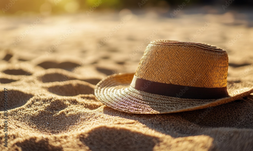 Poster close-up of a straw hat resting on textured golden sand, illuminated by soft sunlight creating a ser