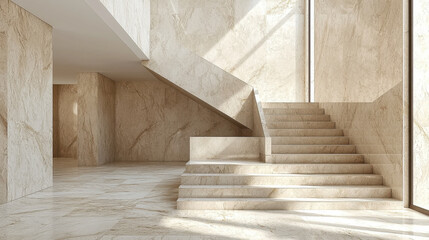 minimalist interior features grand marble staircase with natural light streaming in, highlighting elegant design and spaciousness of area. neutral tones create serene atmosphere