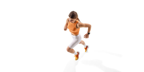 Top view image of focused sportswoman driving forward, training hard, increasing power and agility against white background. Concept of athletics, sport, endurance, fitness, healthy lifestyle. Ad