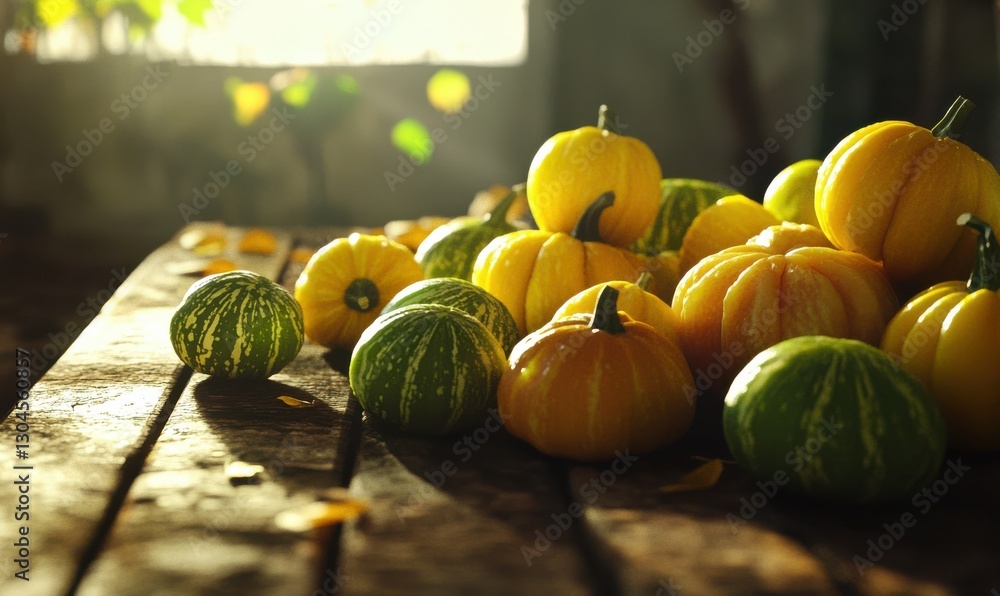 Poster close-up of bright yellow and green gourds arranged on a rustic wooden table illuminated by soft nat