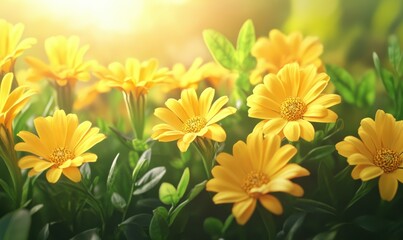 Close-up of bright yellow marigolds in a garden illuminated by natural sunlight emphasizing their vibrant petals and lush green leaves