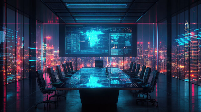 Innovative Virtual Meeting with Holographic Projections in a High-Tech Conference Room, Showcasing Futuristic Communication and Business Technology.