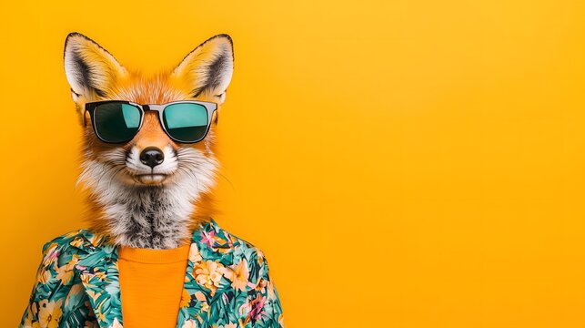 Stylish fox in sunglasses tropical vibes fun imagery bright yellow background whimsical concept