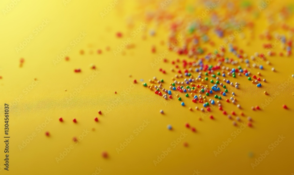 Poster close-up of colorful sprinkles scattered on a smooth yellow surface, illuminated by natural light cr