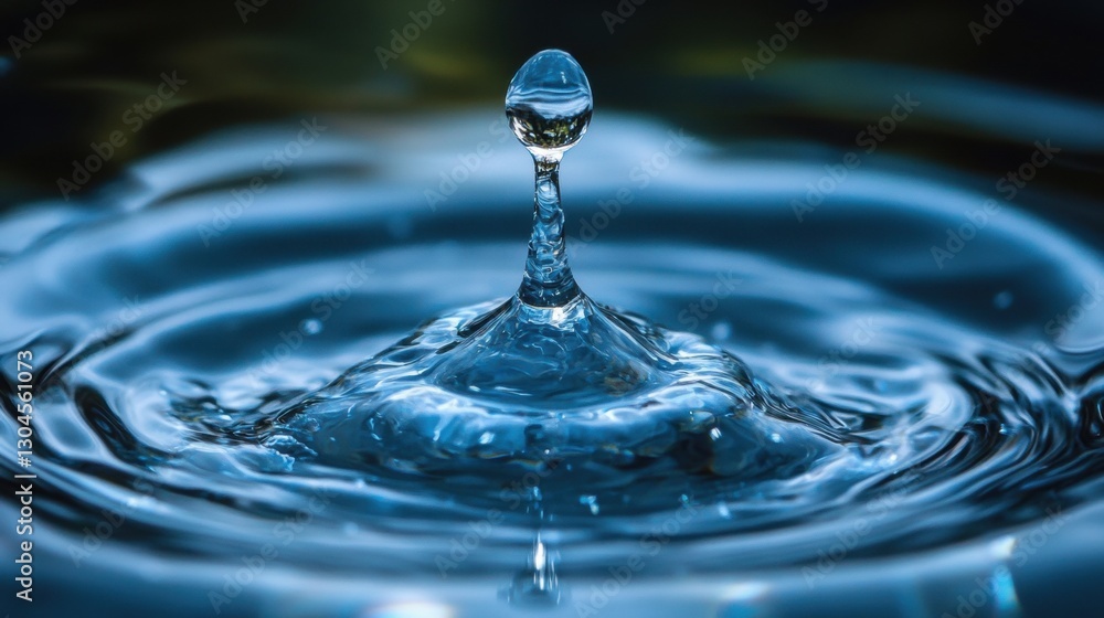 Poster captivating water droplet collision creating mesmerizing ripples in a serene blue liquid surface mac