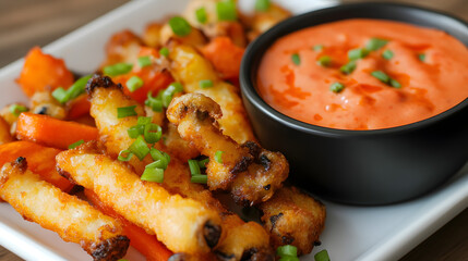 Fototapeta premium Tempura fried carrots, bell peppers, and mushrooms, served with a creamy roasted red pepper dipping sauce and garnished with green onions.