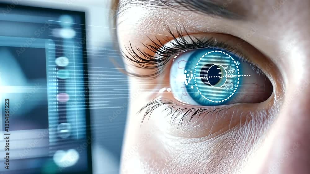 Poster a futuristic medical device with an eye image on the screen, showing precise tracking markers aligne