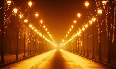 Dramatic perspective of an empty urban street at night illuminated by glowing orange and white lights creating a futuristic atmosphere .