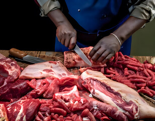 A meat cutter work on cutting meat on the table