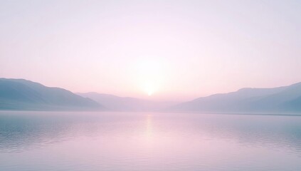 Serene sunrise over calm lake and misty mountains.