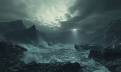 Dramatic stormy ocean with massive waves crashing against jagged rocks, illuminated by a faint beam of light breaking through dark clouds .