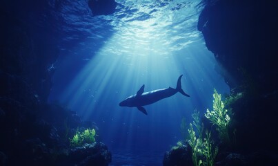Fototapeta premium Dramatic underwater scene with a large whale gliding gracefully through deep blue waters, illuminated by shafts of sunlight breaking through the surface .