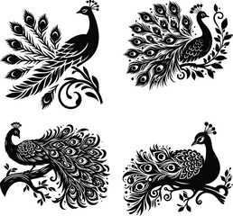Artistic collection of four black and white peacock silhouette designs featuring elaborate feather and floral details for tattoos, prints, and decor.