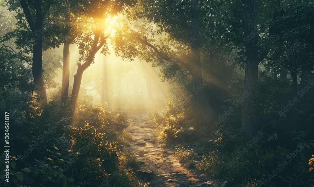 Poster dreamy forest pathway with soft mist and golden rays filtering through dense trees, creating an ethe