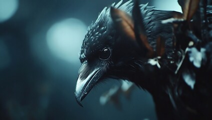 Majestic Raven Close-up, Dark Forest, Mystical