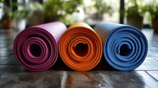 A pristine, rolled yoga mat, its vibrant surface ready to welcome you to a world of tranquility and flexibility. Its flat surface invites you to practice any yoga pose, fitness routine, or meditation