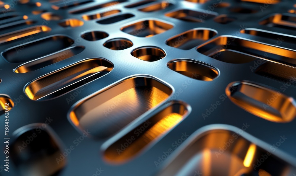 Poster close-up of geometric metallic patterns illuminated by gradient lighting creating a futuristic and s