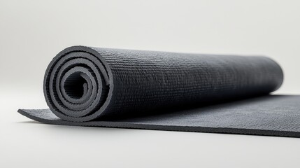 A sleek yoga mat, its textured surface hinting at a grounding and supportive practice, lay folded on a white background, ready to be rolled out and become an extension of the body during fitness and
