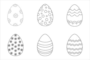 Simple vector black-and-white line art. Easter set illustration of six eggs with patterns of floral designs, polka dots, stripes,  wavy lines. Easter coloring pages, decorations, craft projects, print