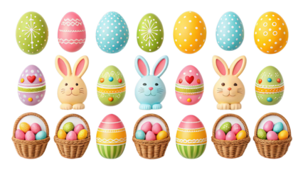 Colorful Easter Eggs and Bunnies in Wicker Baskets