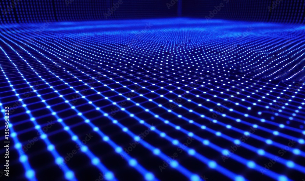 Poster dynamic blue and black grid illuminated by glowing lines forming a futuristic tech-inspired abstract