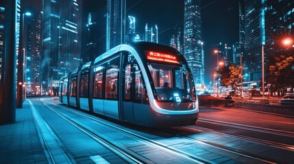 Naklejka premium Night City Tram Ride: Futuristic Urban Transportation