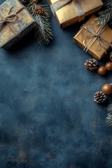 Fototapeta premium Modern Christmas celebrations are captured in a vertical banner with luxury gold decorations, gift boxes, stars, and sparkle confetti, all on a dark blue background, providing a template for Happy